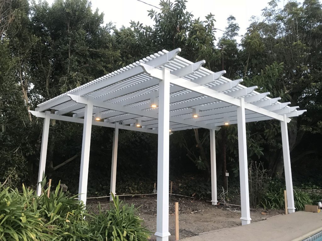 Picket top patio cover structure. Photo provided by A G Vinyl in Anaheim, California.